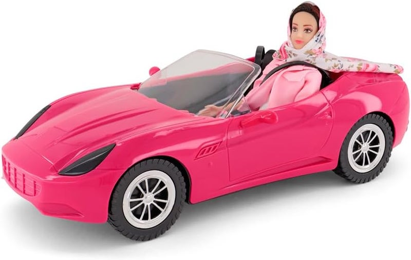 Fulla Ride and Drive Doll with Pink Car Dressed in Floral Scarf and Pink Denim Jacket Realistic Car Design for Adventure Play- Great for Imaginative Kids Who Love Pretend Travel - Image 1